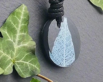 Black and White 3D printed circle sculpture pendant, nature inspired leaf skeleton statement necklace