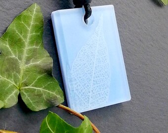 Blue and White 3D printed rectangle sculpture pendant, nature inspired leaf skeleton statement necklace