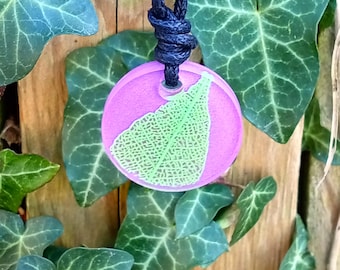 Leaf skeleton Pendant, purple & green nature inspired statement necklace, circle sculpture art jewellery
