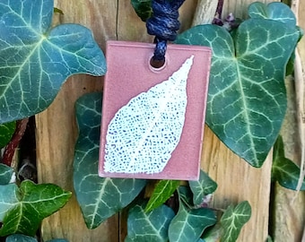 Leaf skeleton Pendant, brown & cream nature inspired statement necklace,  rectangle sculpture art jewellery