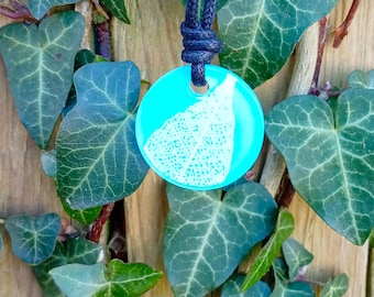 Leaf skeleton Pendant, blue & white nature inspired statement necklace, circle sculpture art jewellery