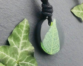 Black and Green 3D printed circle sculpture pendant, nature inspired leaf skeleton statement necklace
