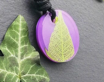 Purple and Green 3D printed circle sculpture pendant, nature inspired leaf skeleton statement necklace