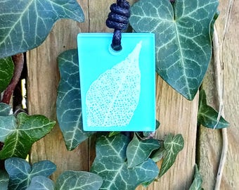 Leaf skeleton Pendant, blue & white nature inspired statement necklace, rectangle sculpture art jewellery
