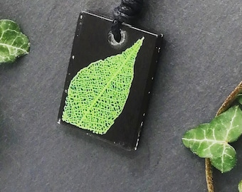 Leaf skeleton rectangle pendant, adjustable botanical statement necklace, brown black & green, nature lover, 3D printed resin, Unique run