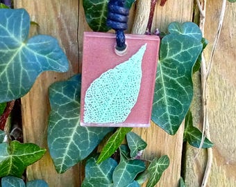 Leaf skeleton Pendant, brown & green nature inspired statement necklace,  rectangle sculpture art jewellery