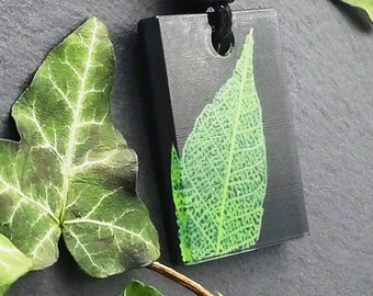 Black and Green 3D printed rectangle sculpture pendant, nature inspired leaf skeleton statement necklace