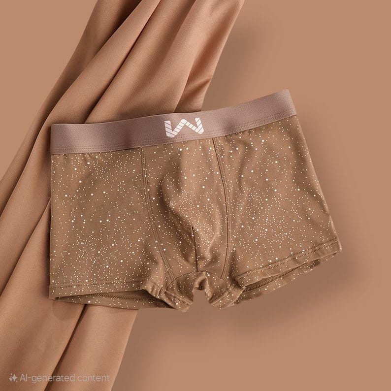 May include: Brown boxer shorts with a white speckled pattern and a brown waistband. The waistband features a white logo. The shorts are made of a soft material and are displayed against a brown background.