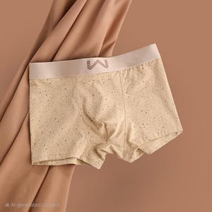 May include: Beige boxer shorts with a speckled pattern and a beige waistband. The waistband features a grey logo. The shorts are displayed against a backdrop of draped fabric.