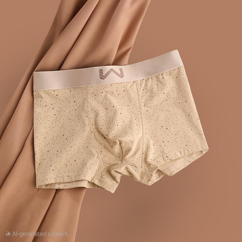 May include: Beige boxer shorts with a speckled pattern and a beige waistband. The waistband features a grey logo. The shorts are displayed against a backdrop of draped fabric.