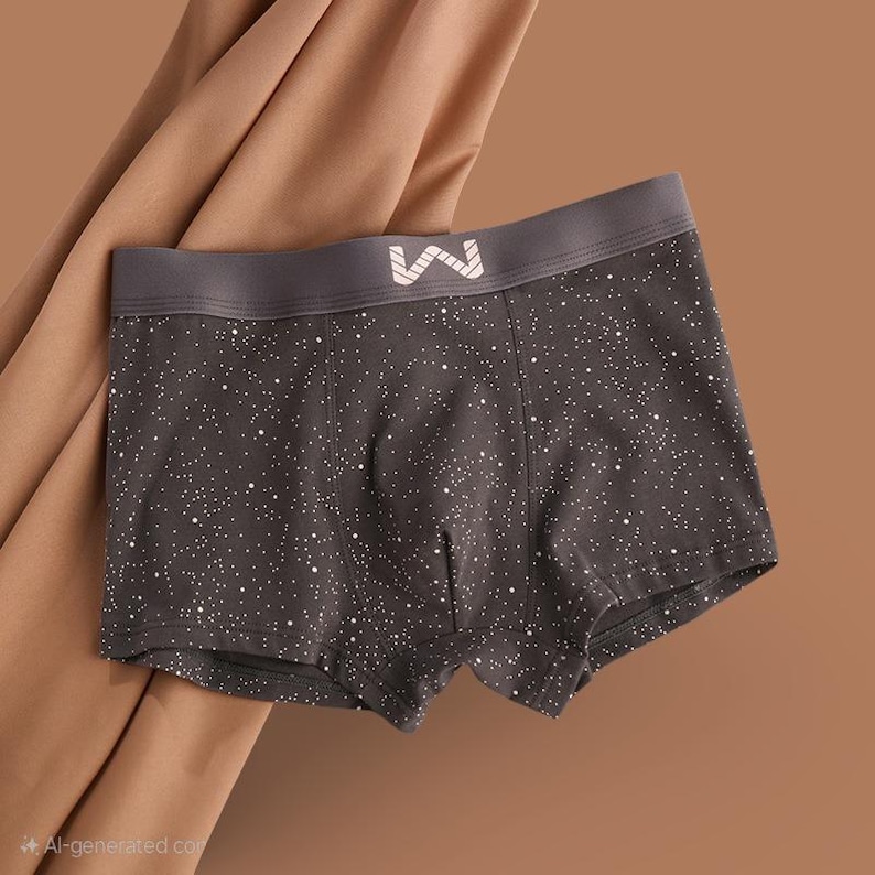 May include: Dark grey boxer shorts with a white speckled pattern. The waistband is a darker grey with a white logo. The shorts are made of a soft material and are designed for comfort.