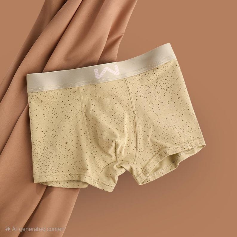 May include: Light yellow boxer shorts with a speckled pattern and a beige waistband. The waistband features a white logo. The shorts are made of a soft material and are displayed on a brown background.