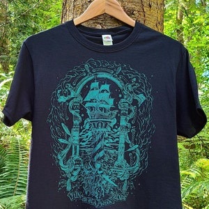 Gentleman Pirate Ship & Blackbeard T-Shirt | Pirate Crew Nautical Tee | Hand Screen Printed