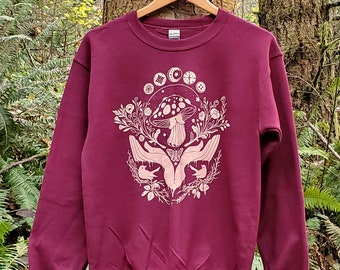 Dark Botanical Mushroom Sweatshirt in Maroon | Dark Academia Magic Garden Shirt
