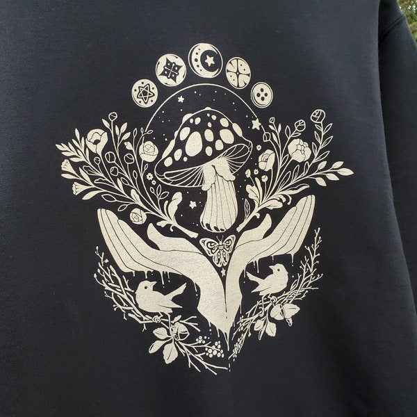 Dark Botanical Mushroom Sweatshirt in Black | Dark Academia Magic Garden Shirt