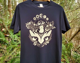 Dark Botanical Mushroom Shirt in Black  | Dark Academia Magic Garden Shirt