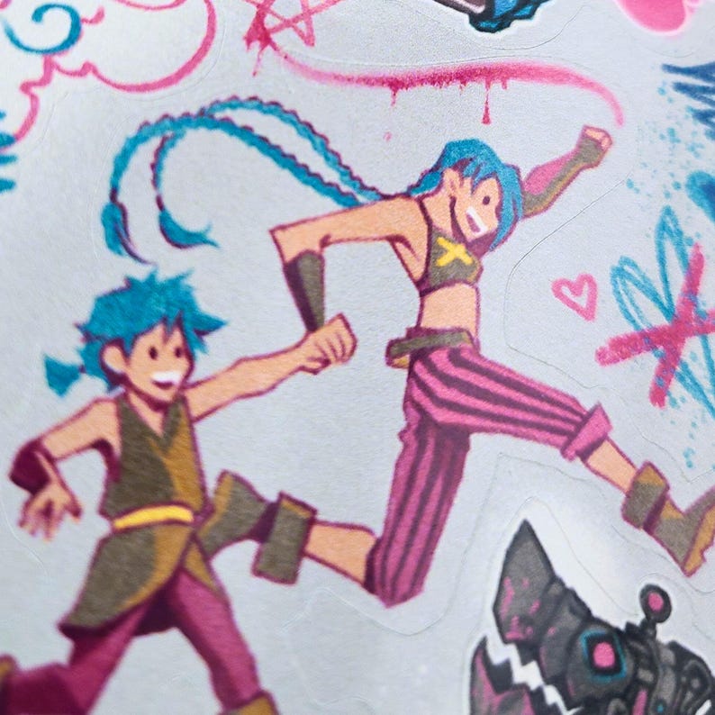 May include: Two cartoon characters, one with blue hair and a brown and pink outfit, and the other with teal hair and a pink and white outfit, are running and holding hands. The background is a light gray with pink and blue accents.