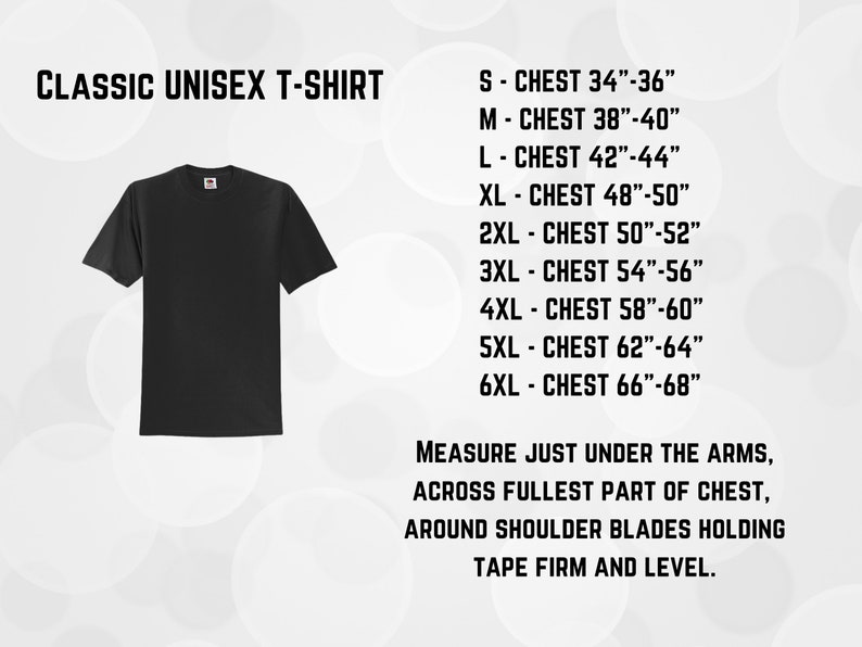 Puede incluir: Camiseta unisex negra cl&aacute;sica con medidas de pecho desde S (86-91 cm) hasta 6XL (168-173 cm). Se incluyen instrucciones de medici&oacute;n. La camiseta es de cuello redondo.