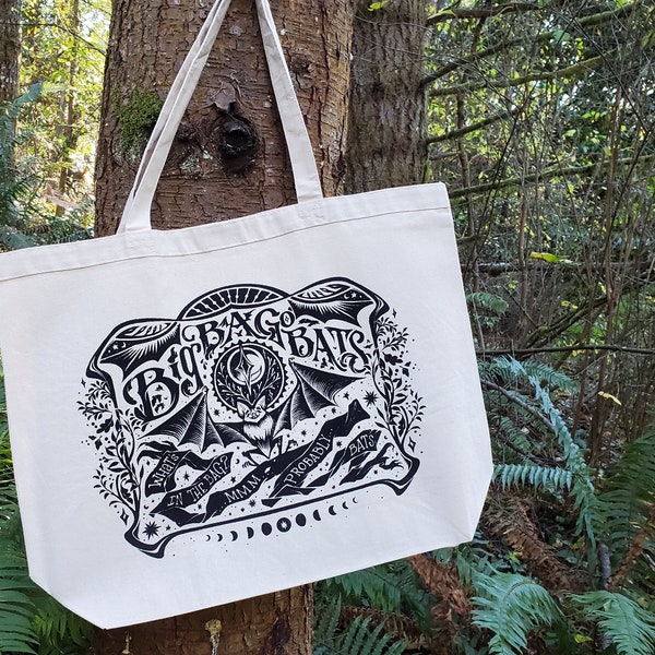 Big Bag of Bats Tote Bag | A witchy tote bag to hold all your bats and other spooky things | Extra Large Tote Bag