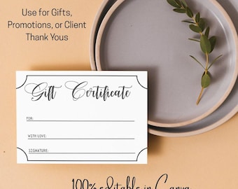 Plantilla de certificado de regalo editable, descarga instantánea, diseño minimalista moderno para regalos empresariales y personales.