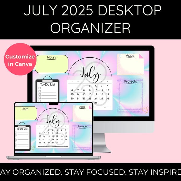 Juli 2025 Desktop Organizer Wallpaper: minimalistisch ontwerp (digitale download)