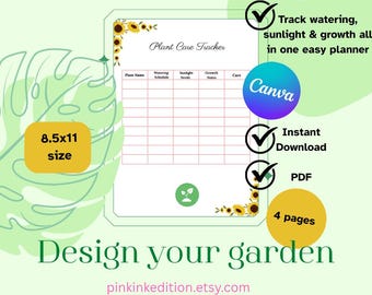 Planificador de jardinería imprimible - Seguimiento del cuidado de las plantas - Plantilla editable de Canva para diario de jardinería de temporada