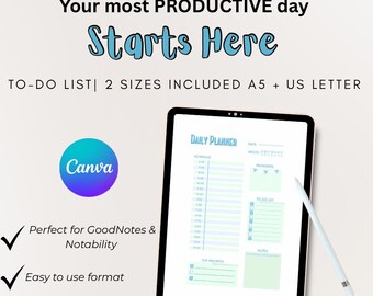 Planificador diario imprimible: lista de tareas estética, horario por horas, prioridades y diario de gratitud (PDF en tamaño A5 y carta estadounidense) - Descarga instantánea