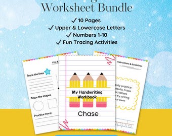 Paquete de hojas de ejercicios para practicar la escritura a mano: mayúsculas, minúsculas, números del 1 al 10, divertidas actividades de calco para niños