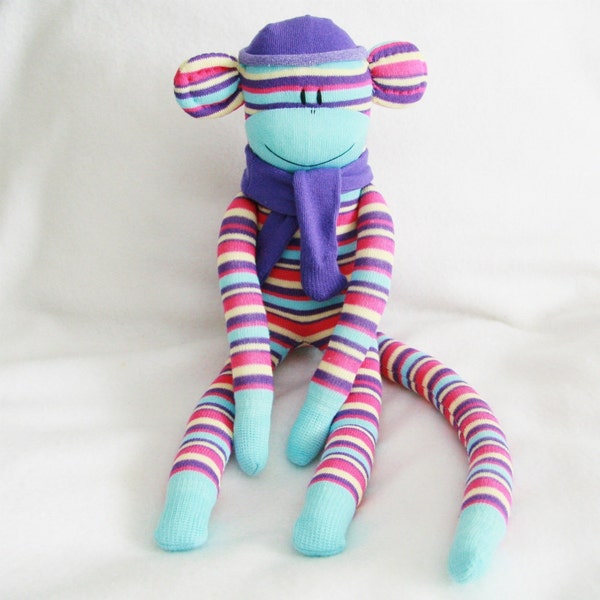 Sock Monkey Kit - Aqua, Pink and Purple Slim Stripes, Craft Kit, Stuffed Animal