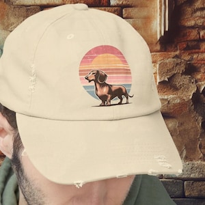Distressed Retro Dachshund Hat, Unisex Stone or Blue Vintage Style Baseball Cap, Gift For Wiener Dog Lovers, Birthdays, 70&#39;s Style Design