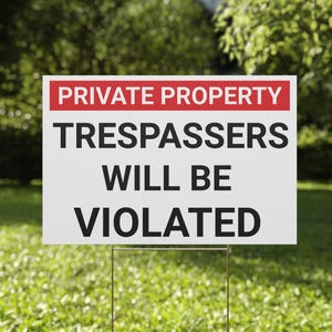 No Trespassing Sign, Trespassers Will Be Violated, Outdoor Warning Private Property Garden Yard Gag Gift, No Solicitors, Funny Housewarming