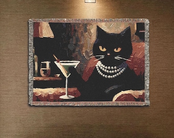 Black Cat Martini Woven Blanket, Cocktail Theme Hanging Tapestry Throw