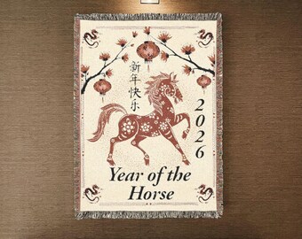 Year of the Horse Woven Blanket, Chinese Zodiac Hanging Tapestry Throw
