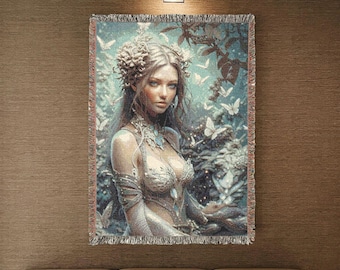 Celestial Fairycore Woven Blanket, Woman and Butterfly Hanging Wall Tapestry