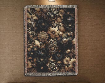 Black and Gold Floral Woven Blanket, Decorative Flower Hanging Wall Tapestry