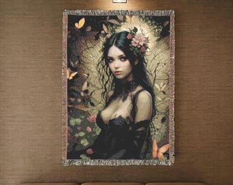 Whimsical Fairycore Woven Blanket, Butterfly Fairy Girl Hanging Wall Tapestry