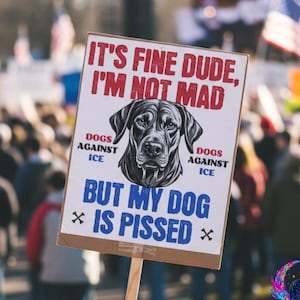 May include: A sign held up in a crowd with the text "IT'S FINE DUDE, I'M NOT MAD" in red, and "BUT MY DOG IS PISSED" in blue. A black and white dog illustration is in the center, with "DOGS AGAINST ICE" on either side.