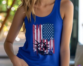 USA 250th Anniversary Womens Racerback Tank Top, Semiquincentennial Distressed American Flag Tee