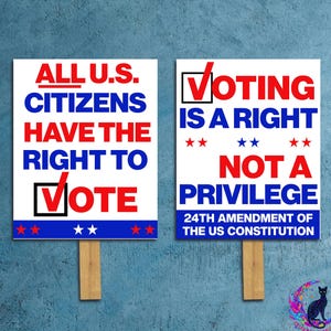 May include: Two rectangular white yard signs with wooden stakes. The left sign reads ALL U.S. CITIZENS HAVE THE RIGHT TO VOTE with a red checkmark in a black box. The right sign reads VOTING IS A RIGHT NOT A PRIVILEGE with the 24th Amendment text.