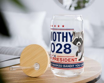 Jimothy For President Sipper Glass, Raccoon Political Satire, 16oz