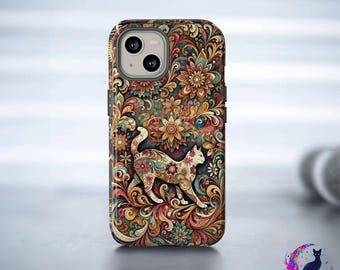 Floral Boho Cat iPhone Tough Case, Wildflower Paisley Phone Cover