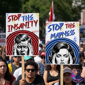 May include: Two rectangular protest signs with wooden handles. The left sign features the text STOP THE INSANITY above a black and white illustration of a person holding their head, set against red concentric circles. The right sign says STOP THE MADNESS above a black and white illustration of a person holding their head, set against blue concentric circles.