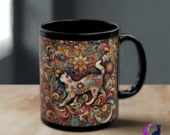 Floral Cat Coffee Cup, Bohemian Wild Flower Coffee Mug, 11oz 15oz