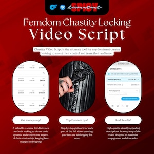 Puede incluir: Gráfico promocional para un "Guion de video de bloqueo de castidad Femdom". La imagen presenta capturas de pantalla de estados financieros, una mano sosteniendo una prenda de cuero y texto que promociona los beneficios del guion para los creadores.