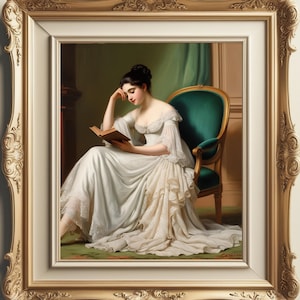 Lady in white dress reading with emerald backdrop Printable wall art, Vintage Wall Art, Emerald Green Digital Print Instant Download