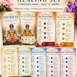 Könnte beinhalten: Ein digitales Chakra-Heilungs-Set mit 9 druckbaren Seiten. Das Set enthält Anleitungen zu Wurzel- bis Kronen-Chakren mit Ritualen und Mantras. Das Design zeigt eine Lotusblume, Kristalle und eine meditierende Person, mit Text "Instant Digital Download".