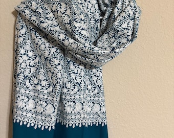 Turquoise Pashmina Shawl: Heavy Embroidered Elegant Wedding Wrap