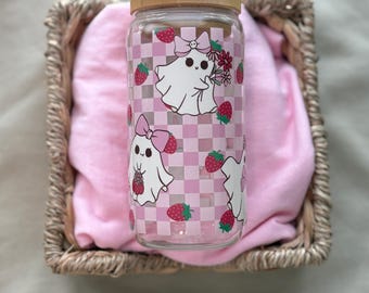 Spooky Ghost Iced Coffee Glass | Pink Checkered Libbey Cup