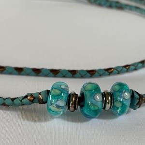 Kangaroo Leather Dog Show Lead with one of a kind handcrafted lampwork beads (small 1.5” silver swivel snap clasp)