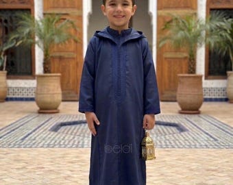 Navy Blue Boys Moroccan Djellaba Set | Kids Eid Outfit & Ramadan Hooded Thobe